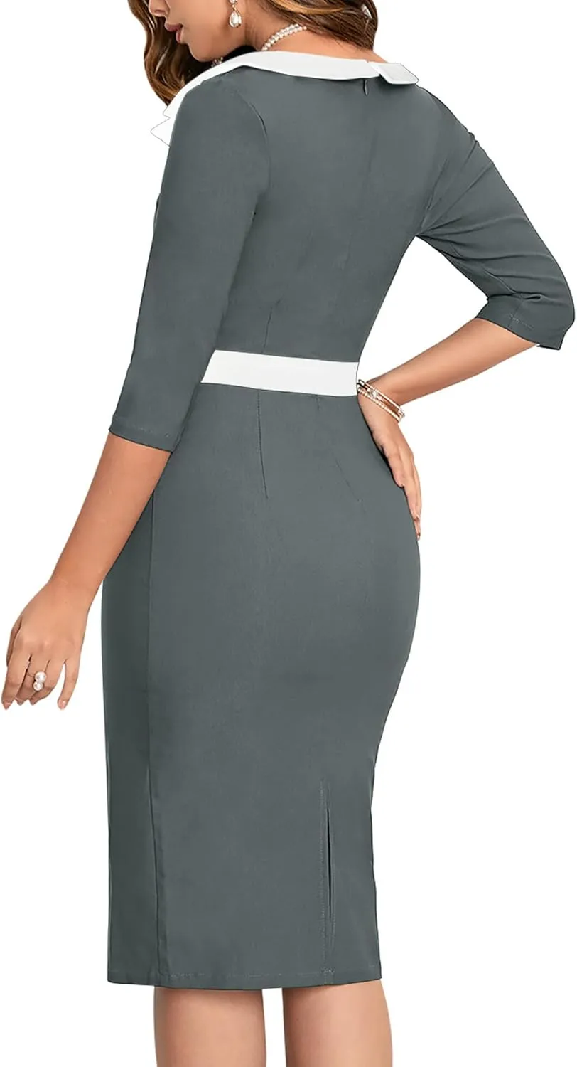 MUXXN Women's 1950s 3/4 Sleeve Pencil V Neck Midi Knee Length Bodycon Vintage Cocktail Dresses
