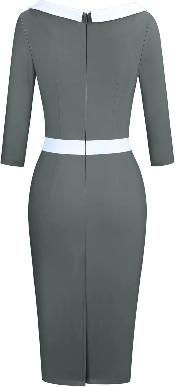 MUXXN Women's 1950s 3/4 Sleeve Pencil V Neck Midi Knee Length Bodycon Vintage Cocktail Dresses