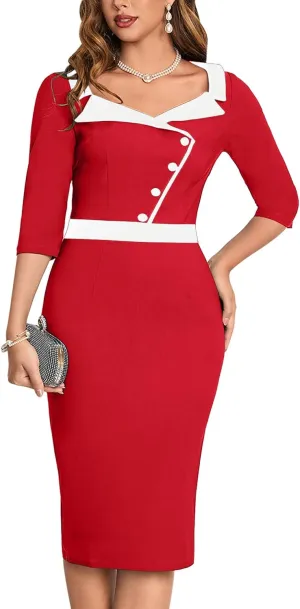 MUXXN Women's 1950s 3/4 Sleeve Pencil V Neck Midi Knee Length Bodycon Vintage Cocktail Dresses