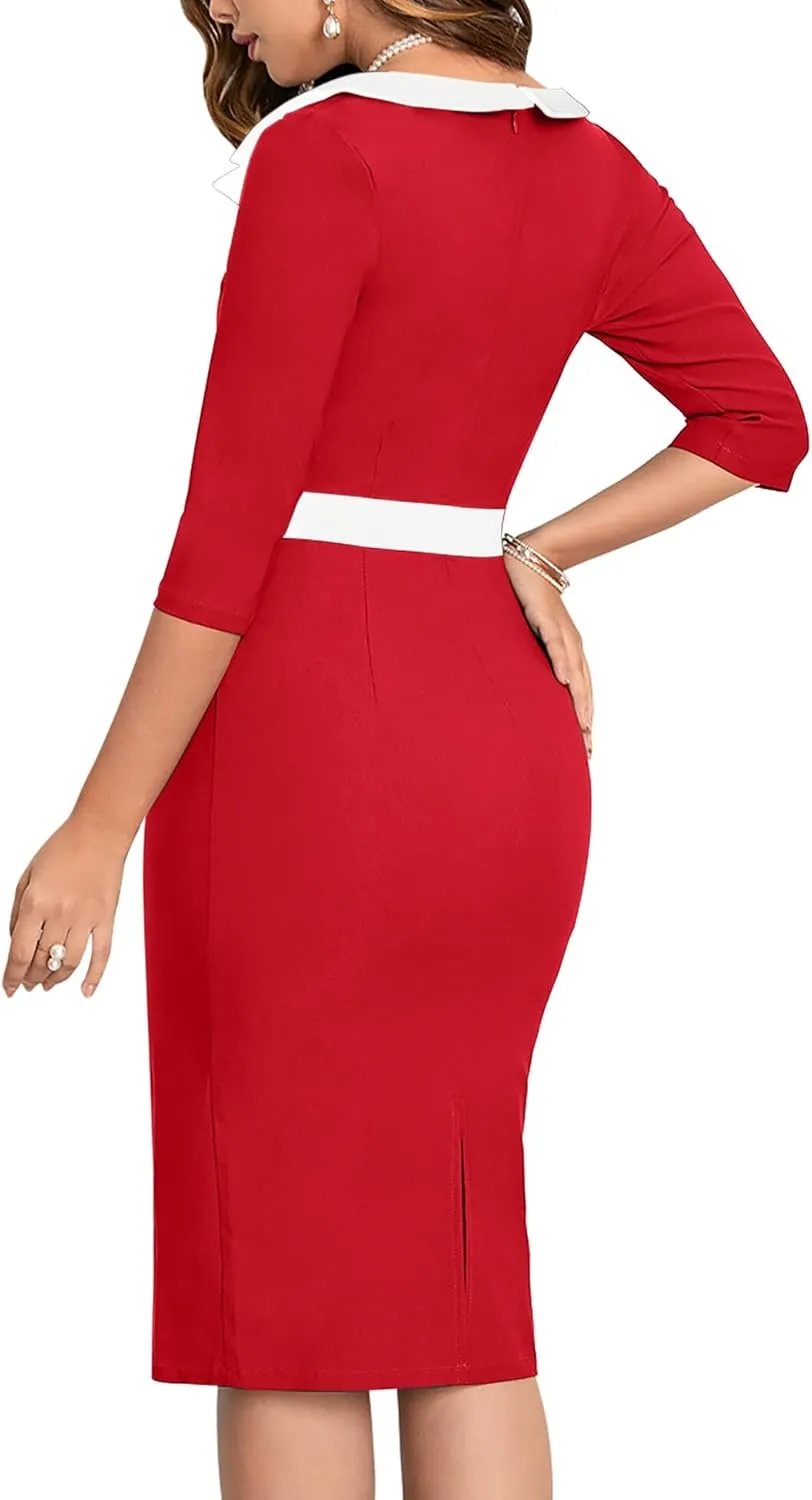 MUXXN Women's 1950s 3/4 Sleeve Pencil V Neck Midi Knee Length Bodycon Vintage Cocktail Dresses