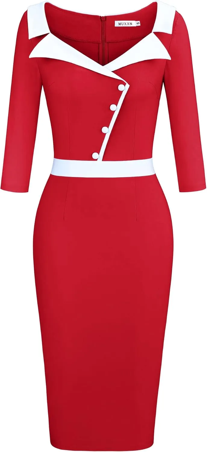 MUXXN Women's 1950s 3/4 Sleeve Pencil V Neck Midi Knee Length Bodycon Vintage Cocktail Dresses
