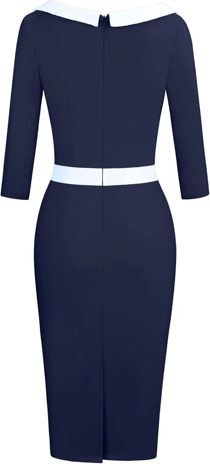 MUXXN Women's 1950s 3/4 Sleeve Pencil V Neck Midi Knee Length Bodycon Vintage Cocktail Dresses