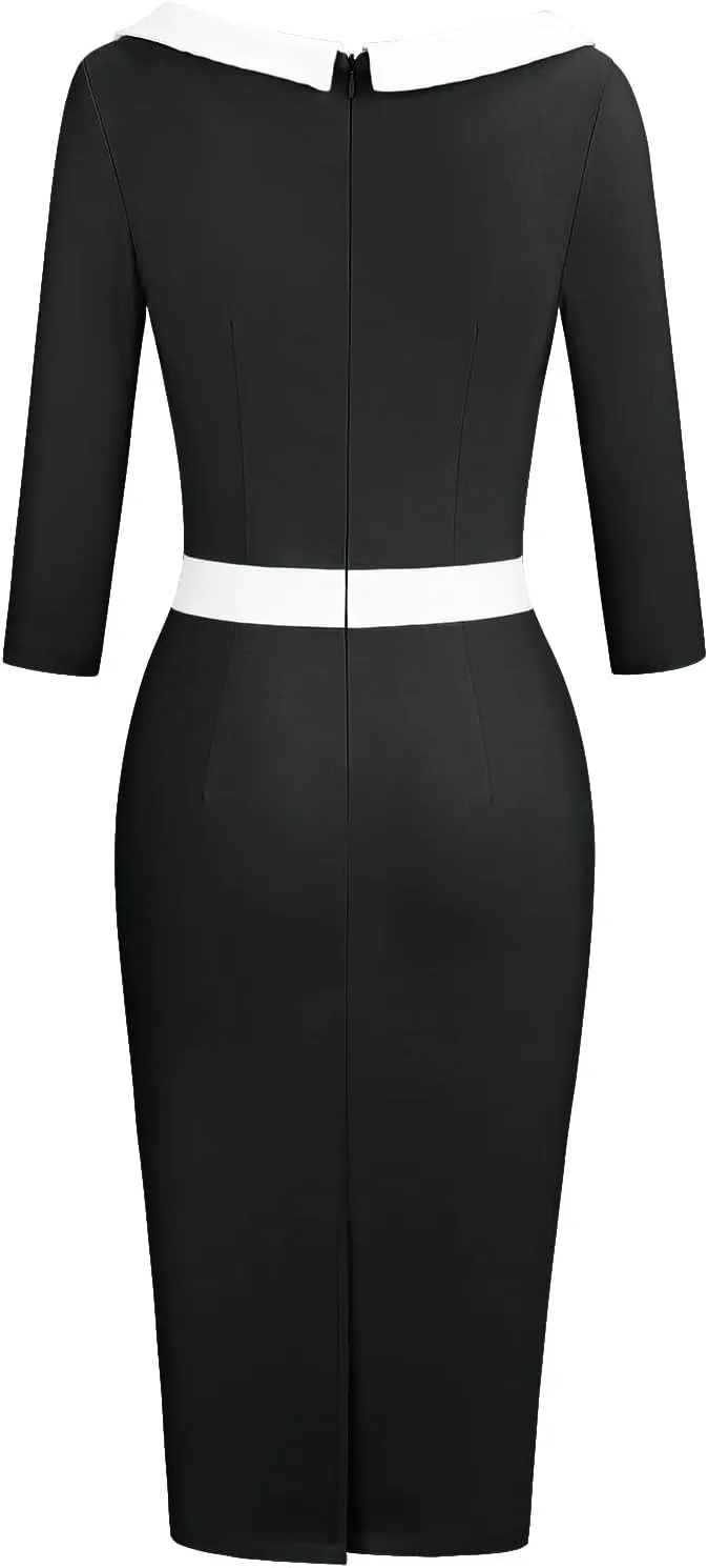 MUXXN Women's 1950s 3/4 Sleeve Pencil V Neck Midi Knee Length Bodycon Vintage Cocktail Dresses