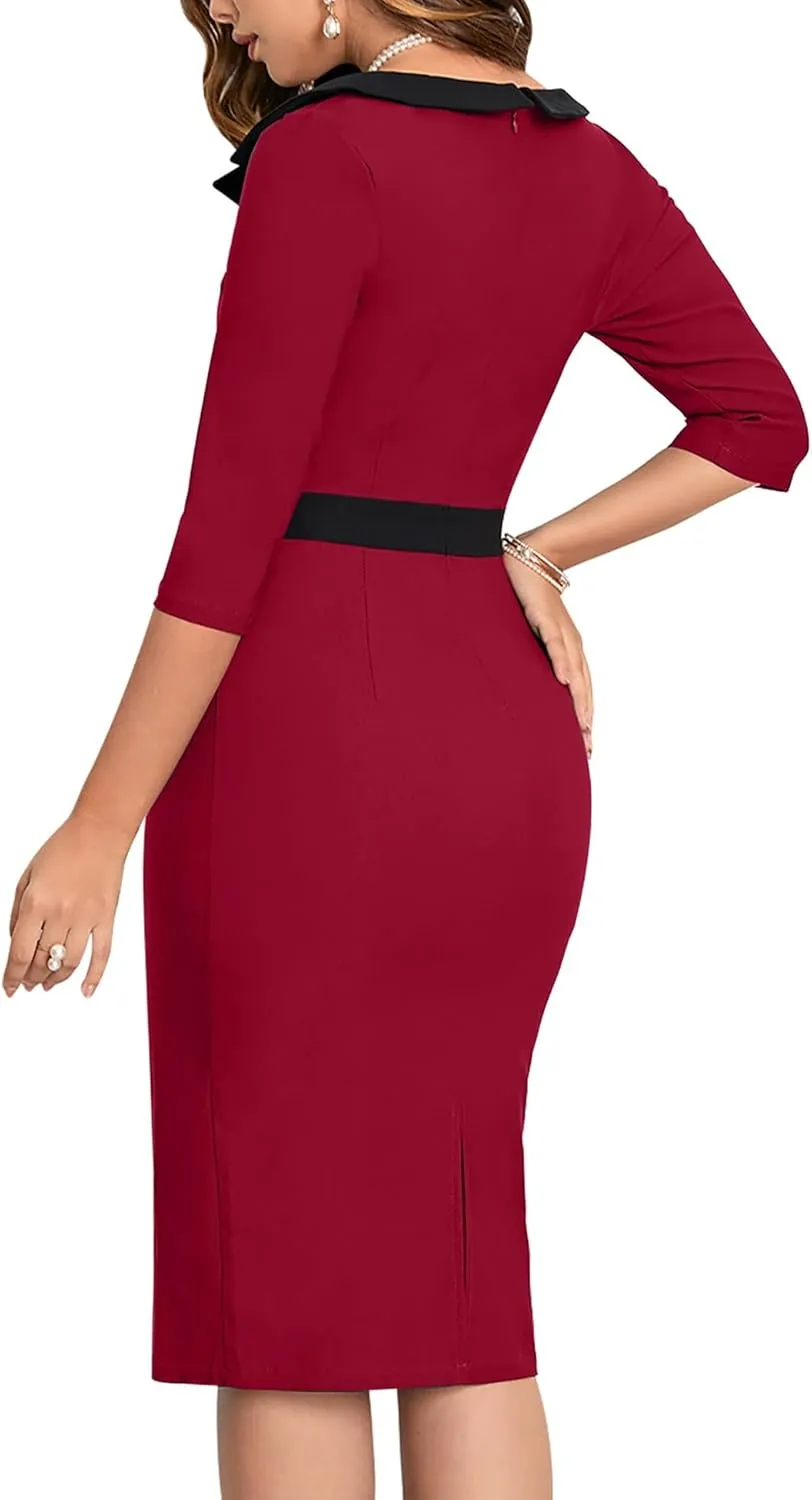 MUXXN Women's 1950s 3/4 Sleeve Pencil V Neck Midi Knee Length Bodycon Vintage Cocktail Dresses