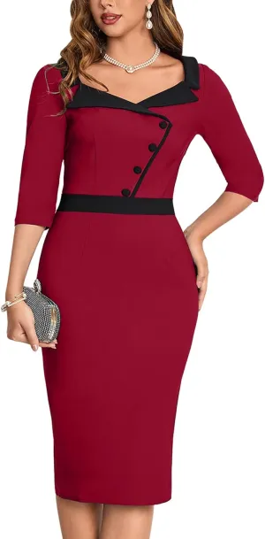 MUXXN Women's 1950s 3/4 Sleeve Pencil V Neck Midi Knee Length Bodycon Vintage Cocktail Dresses
