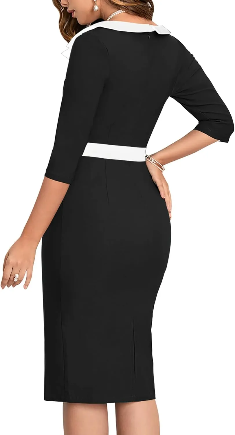 MUXXN Women's 1950s 3/4 Sleeve Pencil V Neck Midi Knee Length Bodycon Vintage Cocktail Dresses