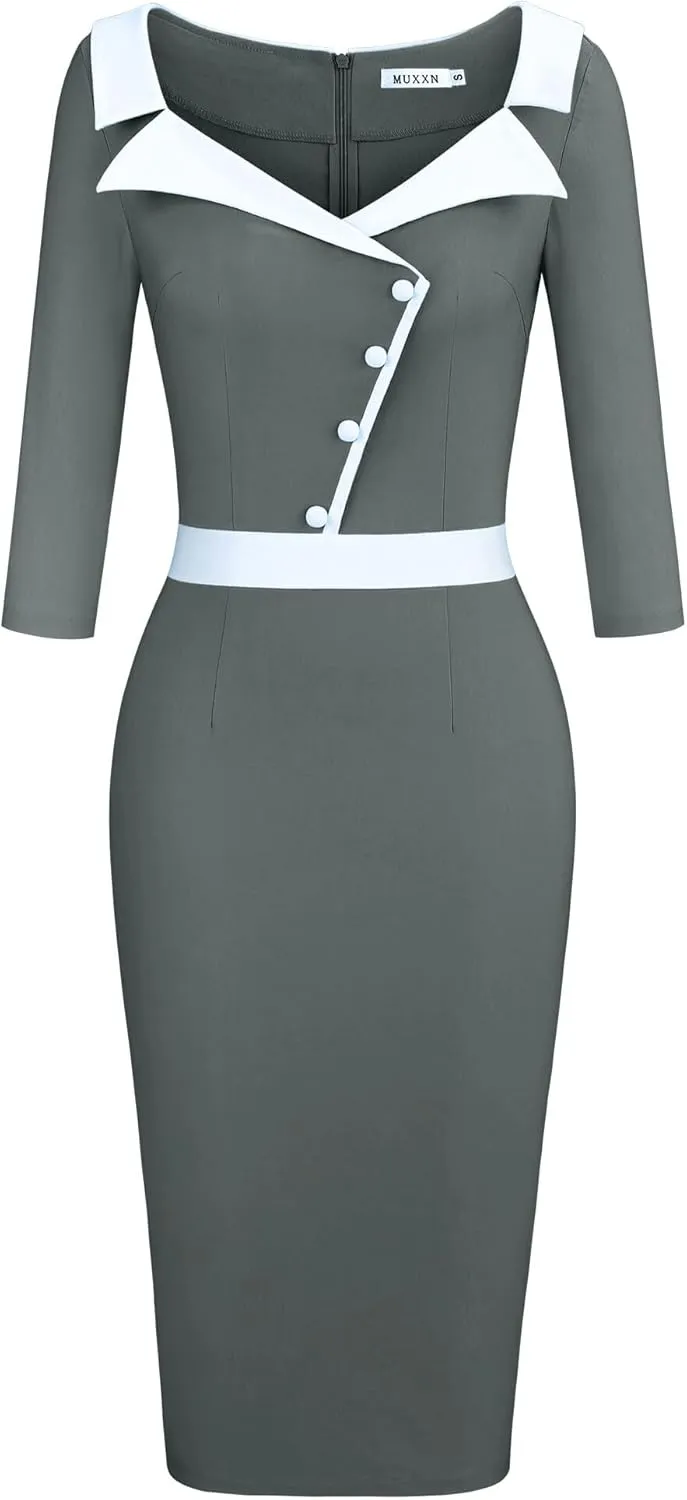 MUXXN Women's 1950s 3/4 Sleeve Pencil V Neck Midi Knee Length Bodycon Vintage Cocktail Dresses