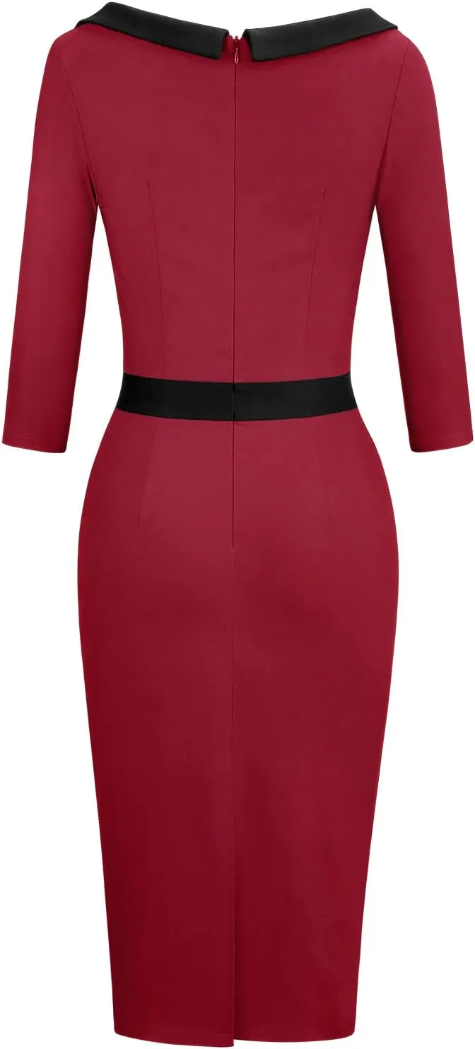 MUXXN Women's 1950s 3/4 Sleeve Pencil V Neck Midi Knee Length Bodycon Vintage Cocktail Dresses
