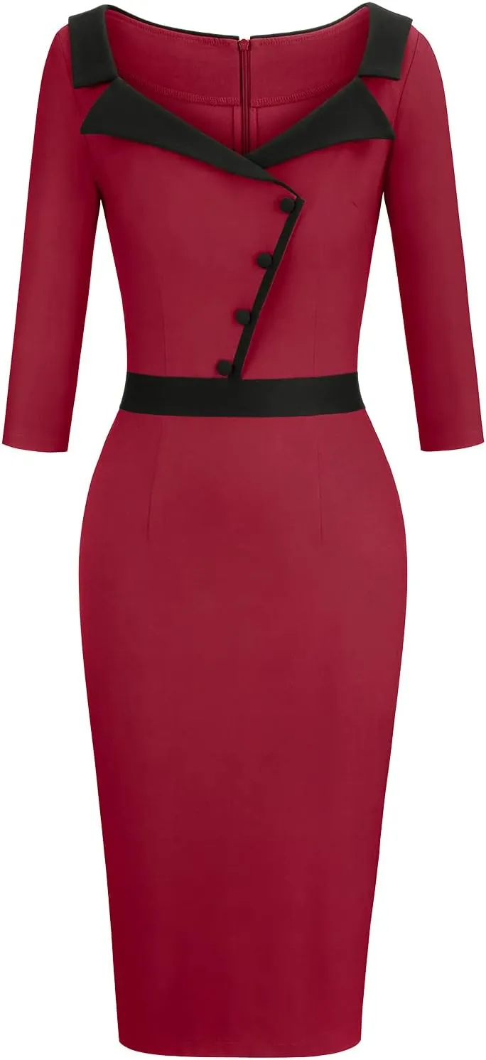 MUXXN Women's 1950s 3/4 Sleeve Pencil V Neck Midi Knee Length Bodycon Vintage Cocktail Dresses