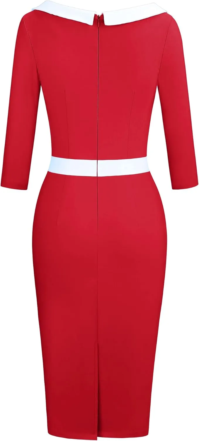 MUXXN Women's 1950s 3/4 Sleeve Pencil V Neck Midi Knee Length Bodycon Vintage Cocktail Dresses