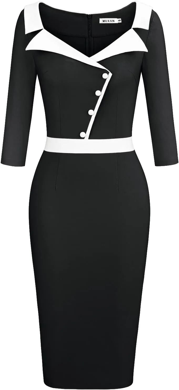 MUXXN Women's 1950s 3/4 Sleeve Pencil V Neck Midi Knee Length Bodycon Vintage Cocktail Dresses