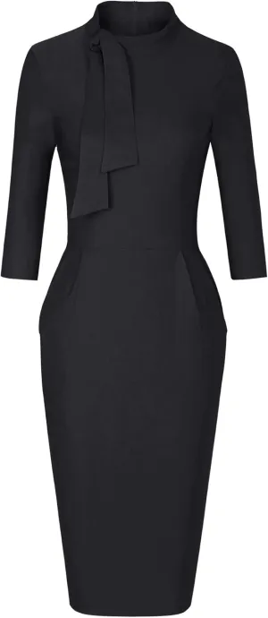 MUXXN Women's Midi Pencil 1950s Vintage Cocktail 3/4 Sleeve Tie Neck Bodycon Mid-Calf Dress with Pockets