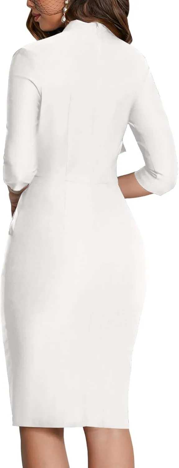 MUXXN Women's Midi Pencil 1950s Vintage Cocktail 3/4 Sleeve Tie Neck Bodycon Mid-Calf Dress with Pockets
