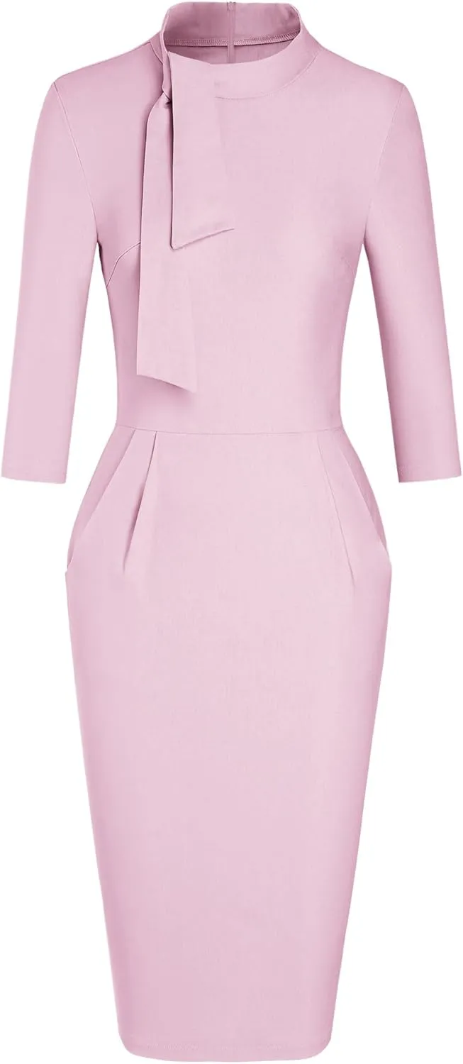 MUXXN Women's Midi Pencil 1950s Vintage Cocktail 3/4 Sleeve Tie Neck Bodycon Mid-Calf Dress with Pockets