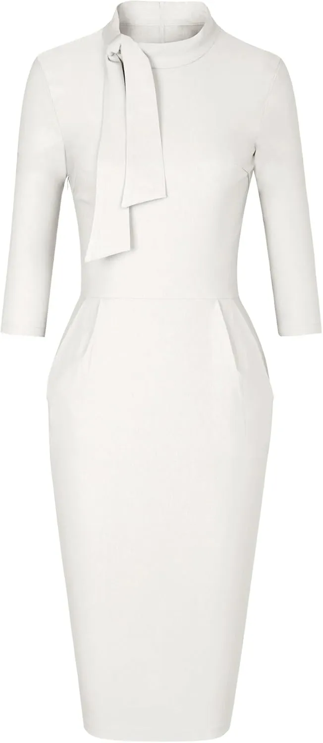 MUXXN Women's Midi Pencil 1950s Vintage Cocktail 3/4 Sleeve Tie Neck Bodycon Mid-Calf Dress with Pockets