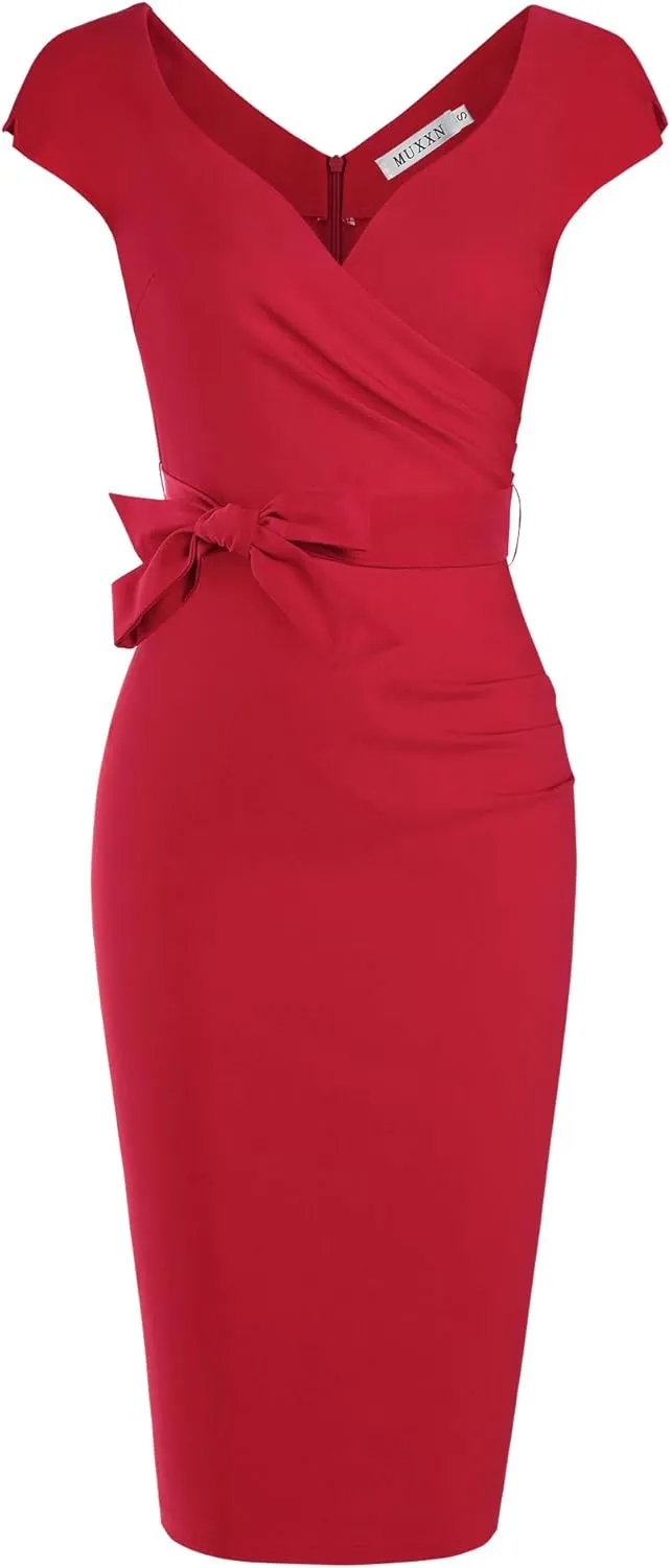 MUXXN Women's Vintage 1950s Style Wrap V Neck Tie Waist Formal Cocktail Dress