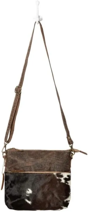 Myra Bag Point Rock Cowhide Purse - Western Purses for Women, Bourbon Chocolate Leather with Cow Print Hairon Cross Body