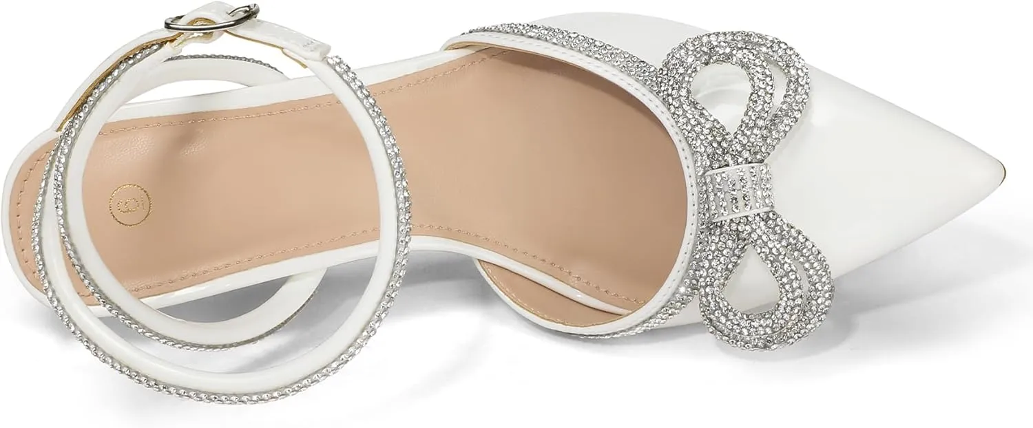 mysoft Women's Rhinestone Bow Pumps Wedding Dress Shoes Pointed Toe Ankle Strap Kitten Heels