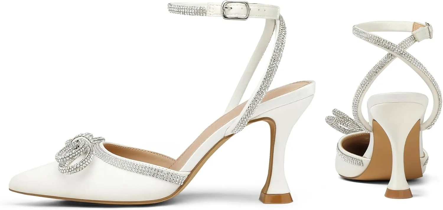 mysoft Women's Rhinestone Bow Pumps Wedding Dress Shoes Pointed Toe Ankle Strap Kitten Heels