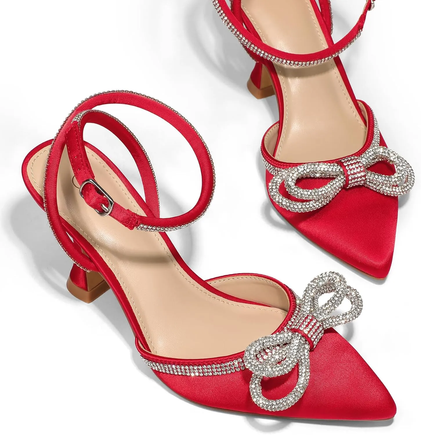 mysoft Women's Rhinestone Bow Pumps Wedding Dress Shoes Pointed Toe Ankle Strap Kitten Heels