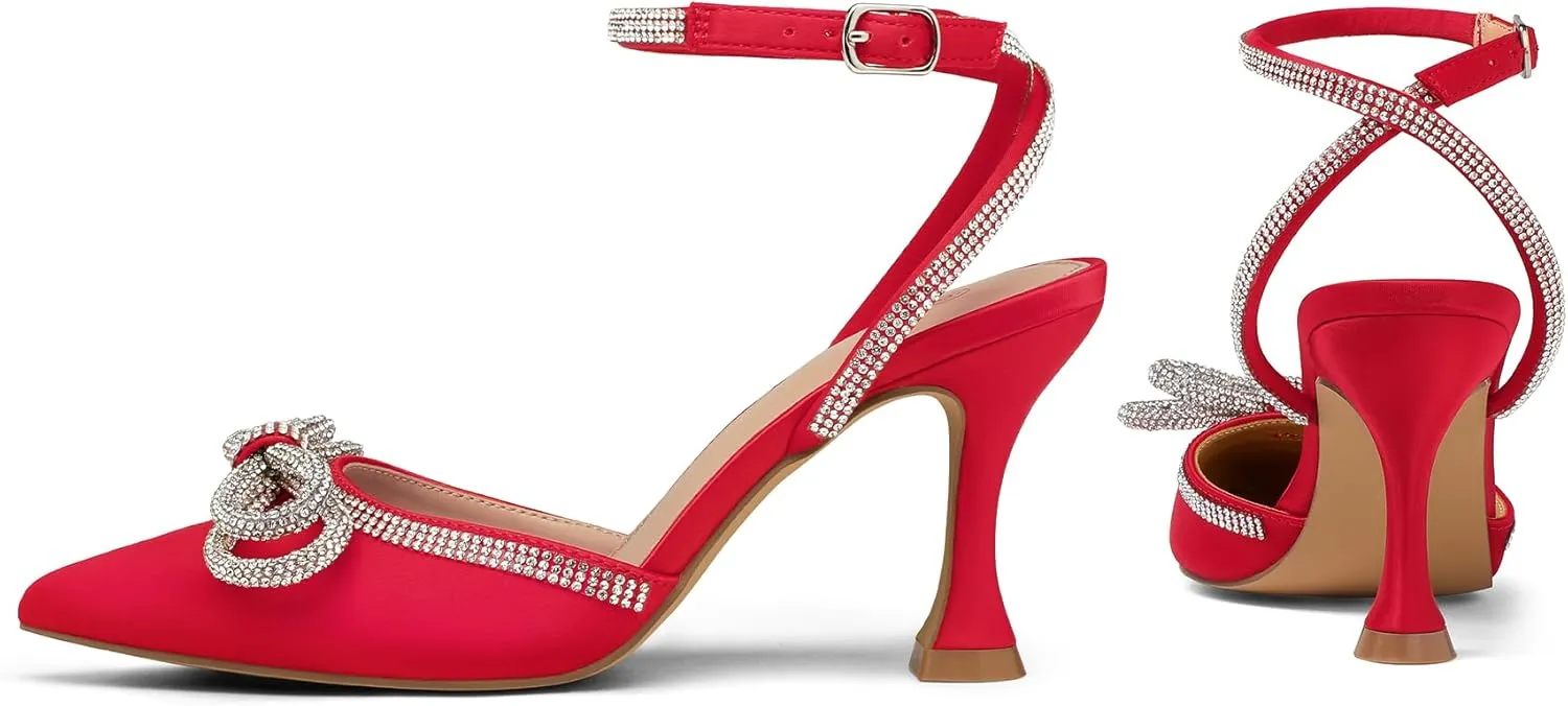 mysoft Women's Rhinestone Bow Pumps Wedding Dress Shoes Pointed Toe Ankle Strap Kitten Heels