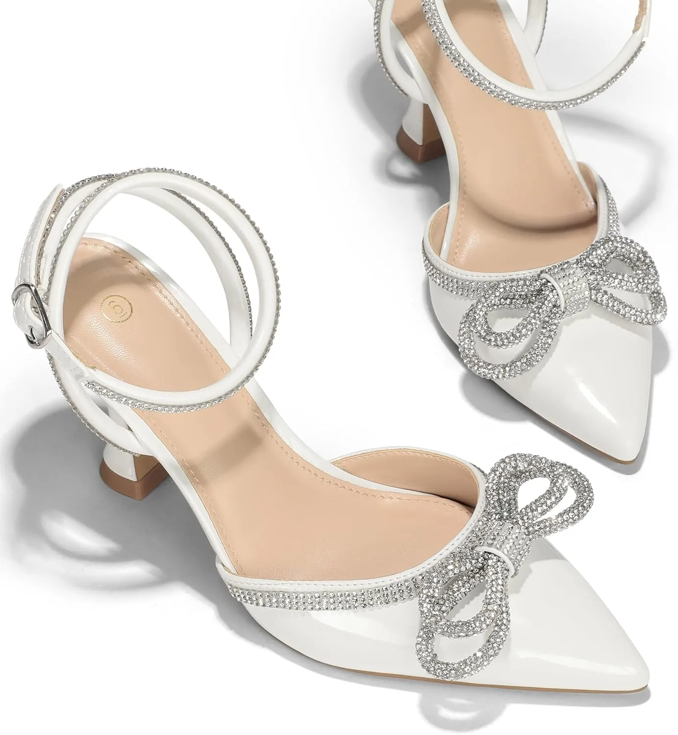 mysoft Women's Rhinestone Bow Pumps Wedding Dress Shoes Pointed Toe Ankle Strap Kitten Heels