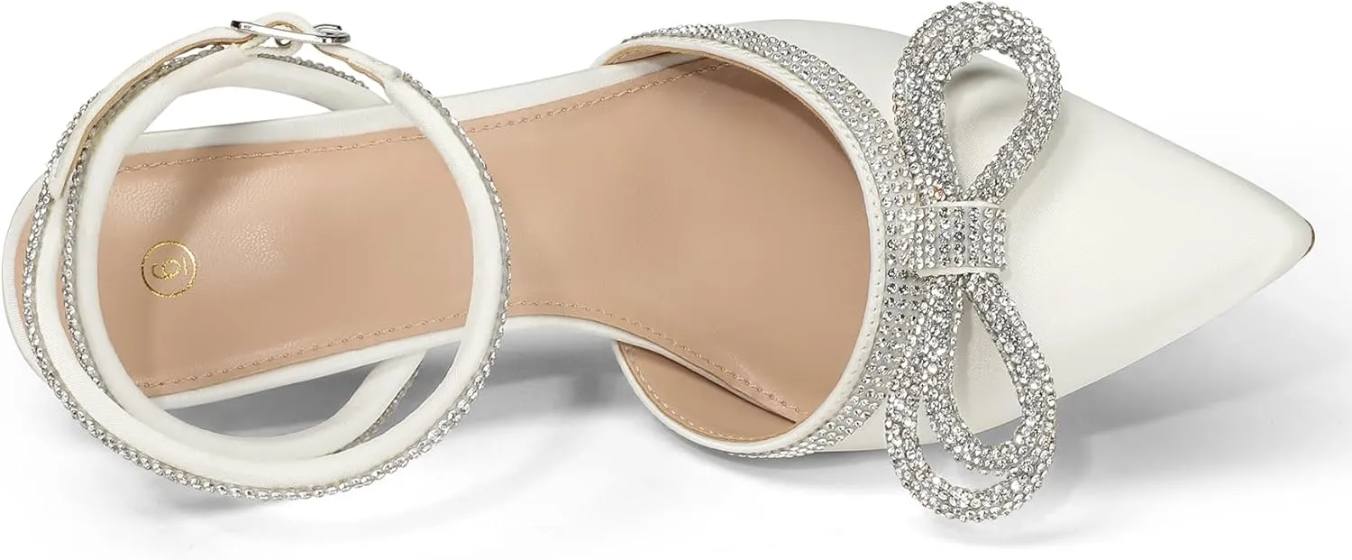 mysoft Women's Rhinestone Bow Pumps Wedding Dress Shoes Pointed Toe Ankle Strap Kitten Heels