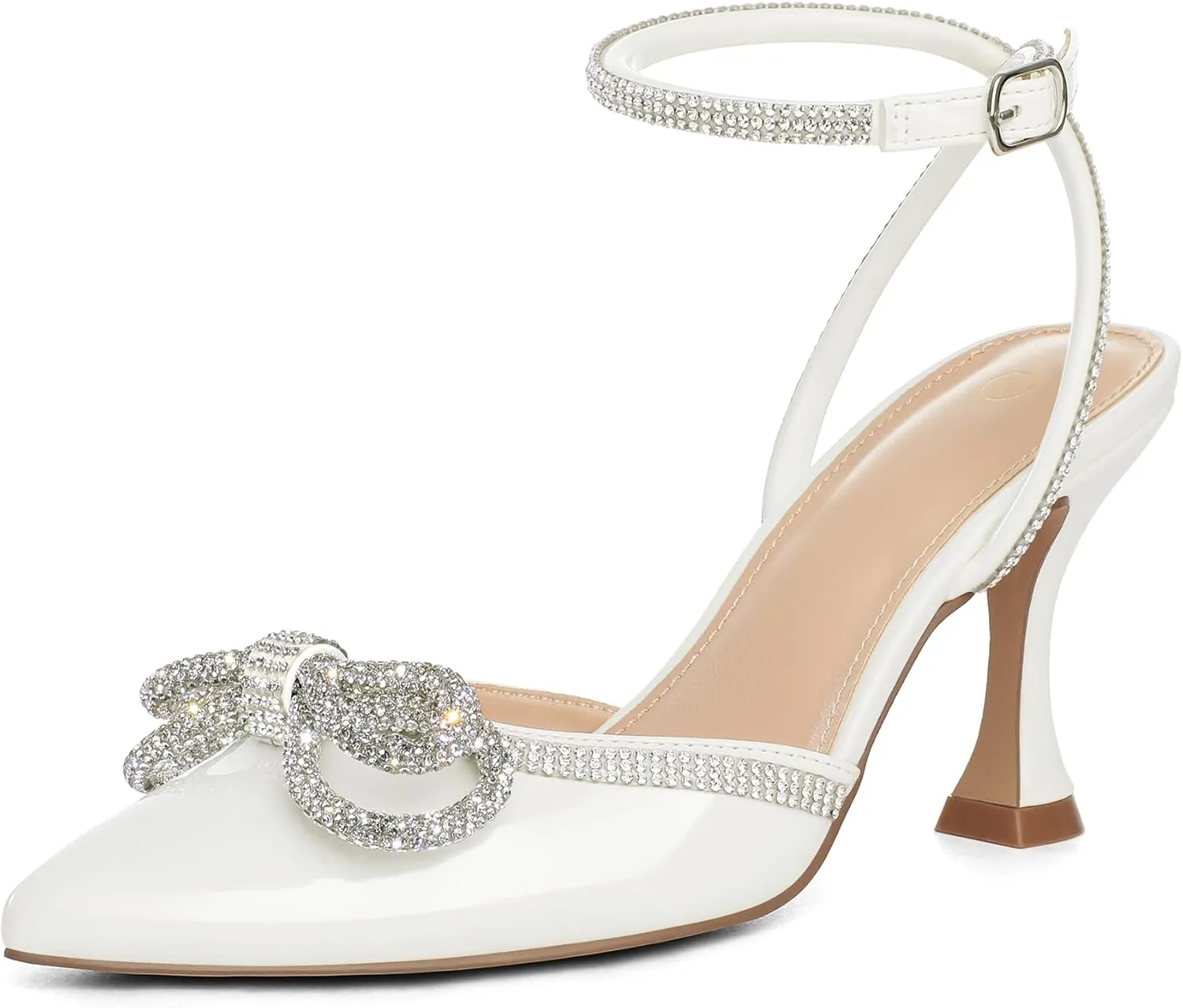 mysoft Women's Rhinestone Bow Pumps Wedding Dress Shoes Pointed Toe Ankle Strap Kitten Heels