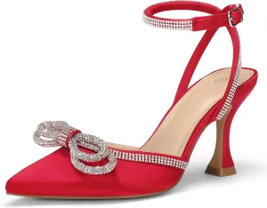 mysoft Women's Rhinestone Bow Pumps Wedding Dress Shoes Pointed Toe Ankle Strap Kitten Heels