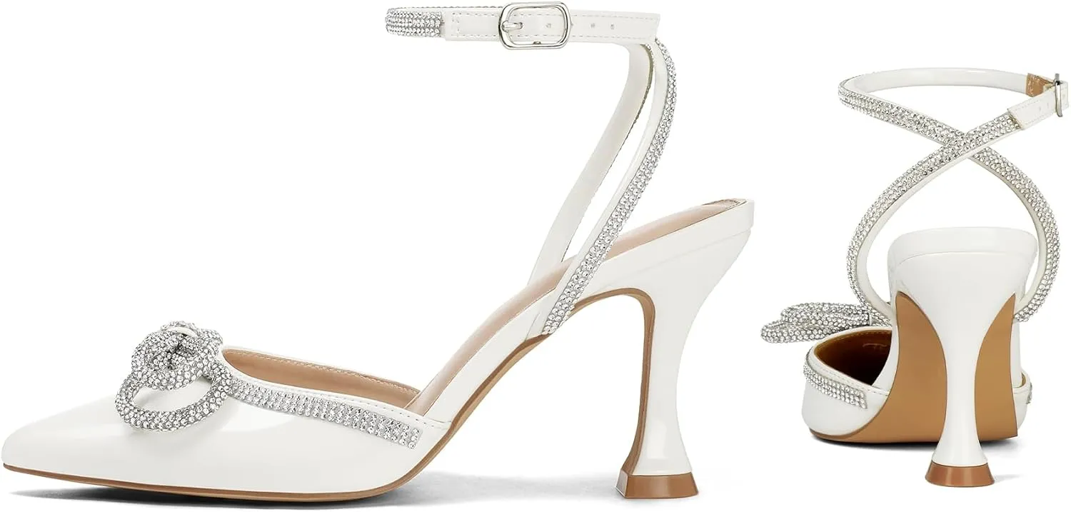 mysoft Women's Rhinestone Bow Pumps Wedding Dress Shoes Pointed Toe Ankle Strap Kitten Heels