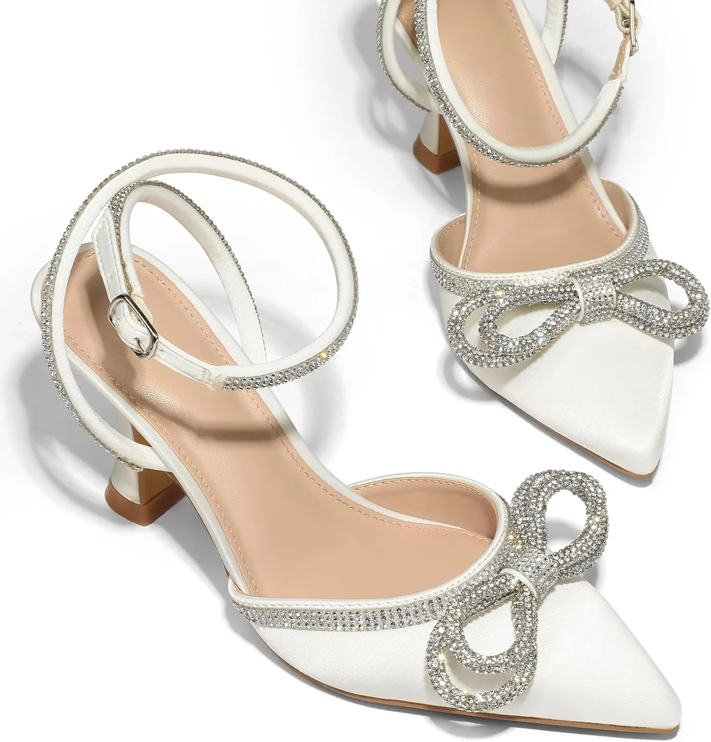 mysoft Women's Rhinestone Bow Pumps Wedding Dress Shoes Pointed Toe Ankle Strap Kitten Heels