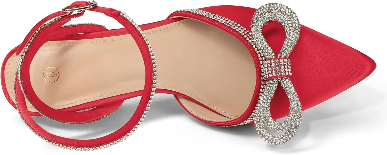 mysoft Women's Rhinestone Bow Pumps Wedding Dress Shoes Pointed Toe Ankle Strap Kitten Heels