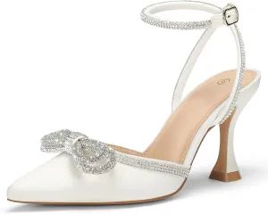 mysoft Women's Rhinestone Bow Pumps Wedding Dress Shoes Pointed Toe Ankle Strap Kitten Heels