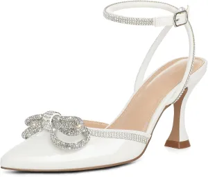 mysoft Women's Rhinestone Bow Pumps Wedding Dress Shoes Pointed Toe Ankle Strap Kitten Heels