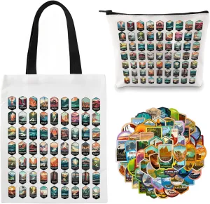National Parks Gifts Set - Includes Tote Bag, Makeup Bags 63PCS National Park Stickers - Exquisite Camper and Hiking Lover Gifting