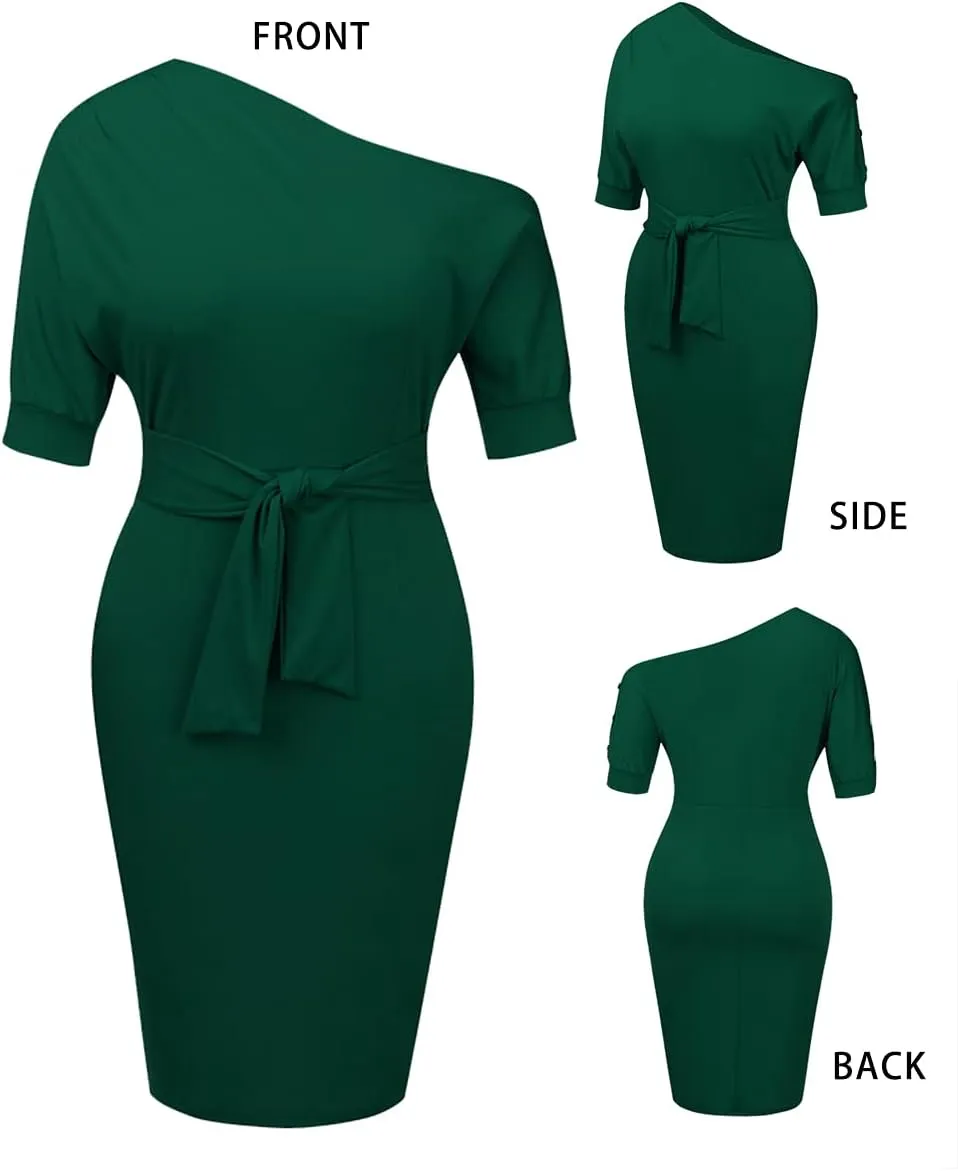Nature Comfy Elegant Womens Wear to Work Casual one Shoulder Belted Pencil Dress with Pockets