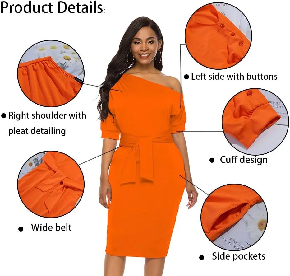 Nature Comfy Elegant Womens Wear to Work Casual one Shoulder Belted Pencil Dress with Pockets