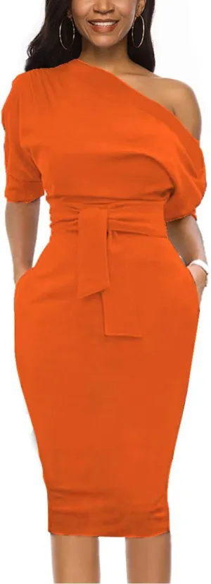 Nature Comfy Elegant Womens Wear to Work Casual one Shoulder Belted Pencil Dress with Pockets