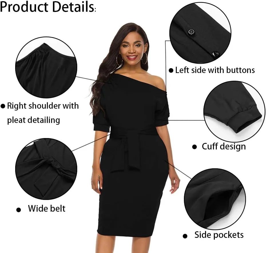 Nature Comfy Elegant Womens Wear to Work Casual one Shoulder Belted Pencil Dress with Pockets