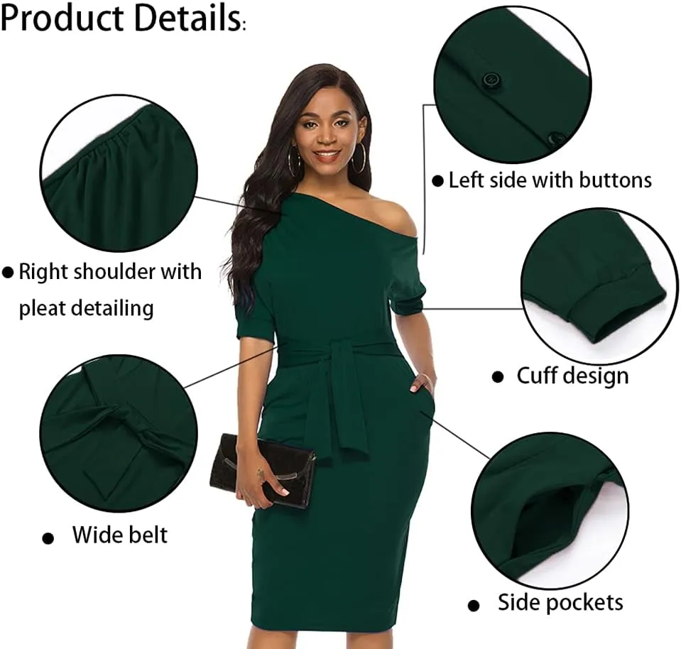 Nature Comfy Elegant Womens Wear to Work Casual one Shoulder Belted Pencil Dress with Pockets