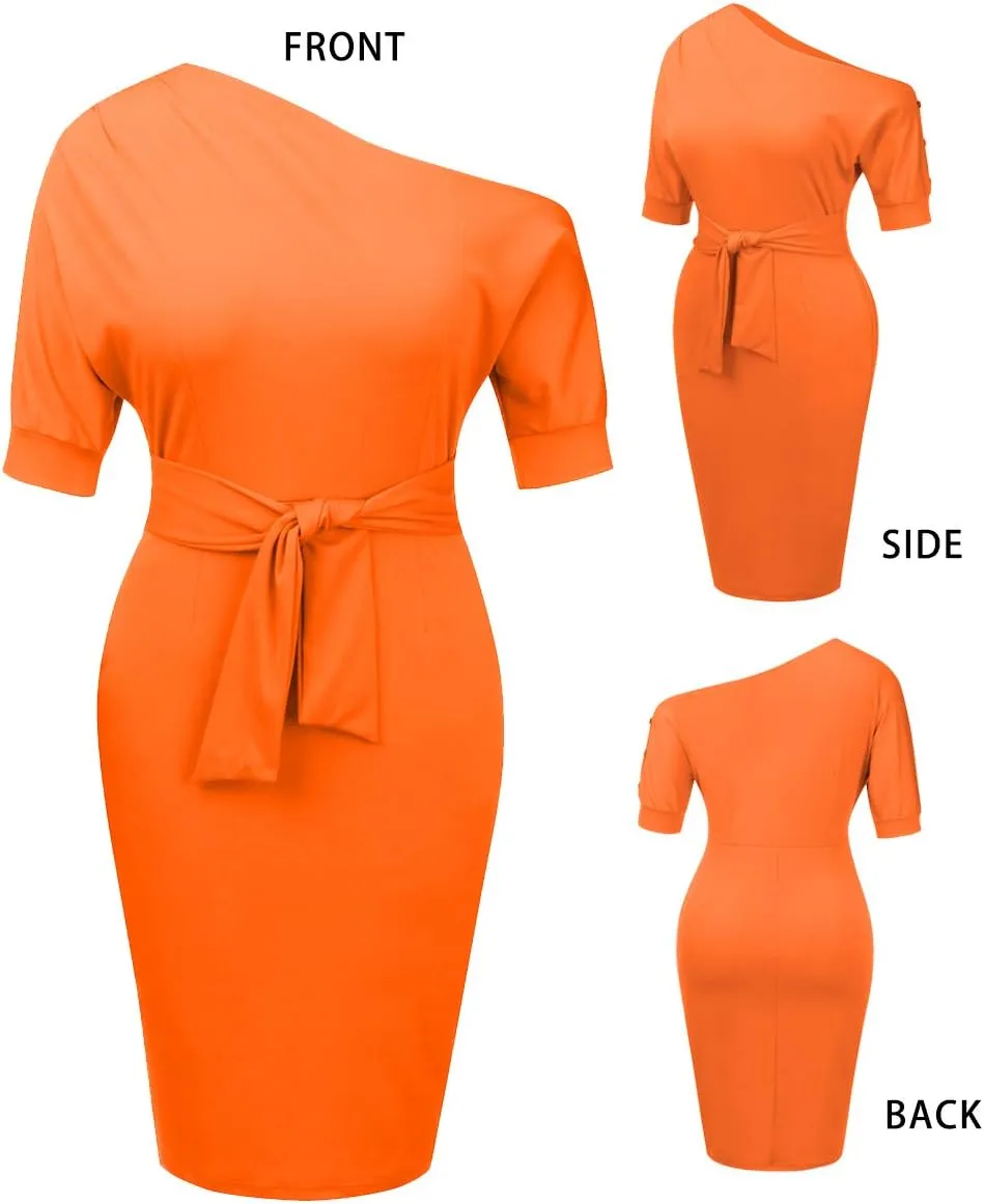 Nature Comfy Elegant Womens Wear to Work Casual one Shoulder Belted Pencil Dress with Pockets