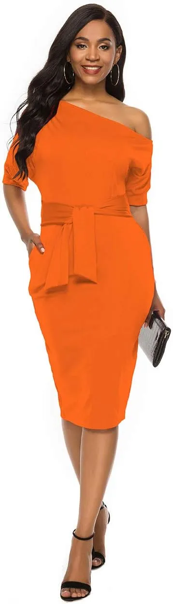 Nature Comfy Elegant Womens Wear to Work Casual one Shoulder Belted Pencil Dress with Pockets