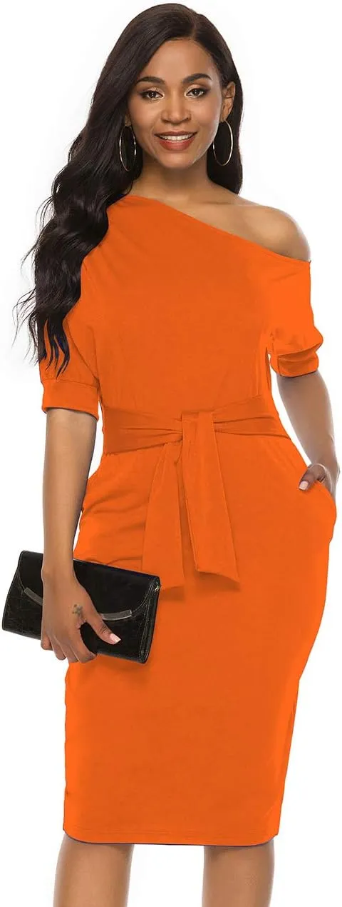 Nature Comfy Elegant Womens Wear to Work Casual one Shoulder Belted Pencil Dress with Pockets