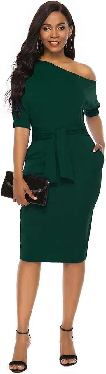 Nature Comfy Elegant Womens Wear to Work Casual one Shoulder Belted Pencil Dress with Pockets