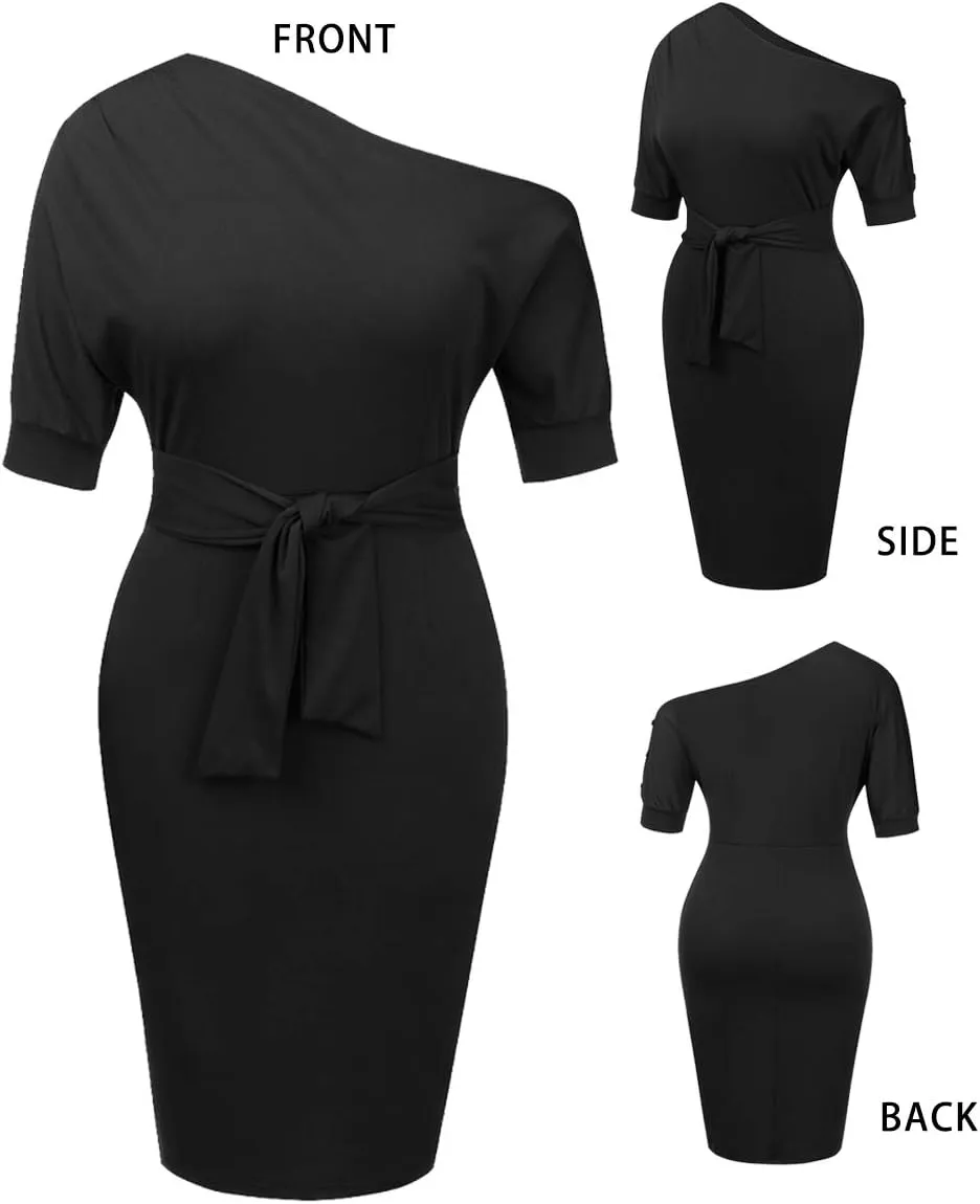 Nature Comfy Elegant Womens Wear to Work Casual one Shoulder Belted Pencil Dress with Pockets