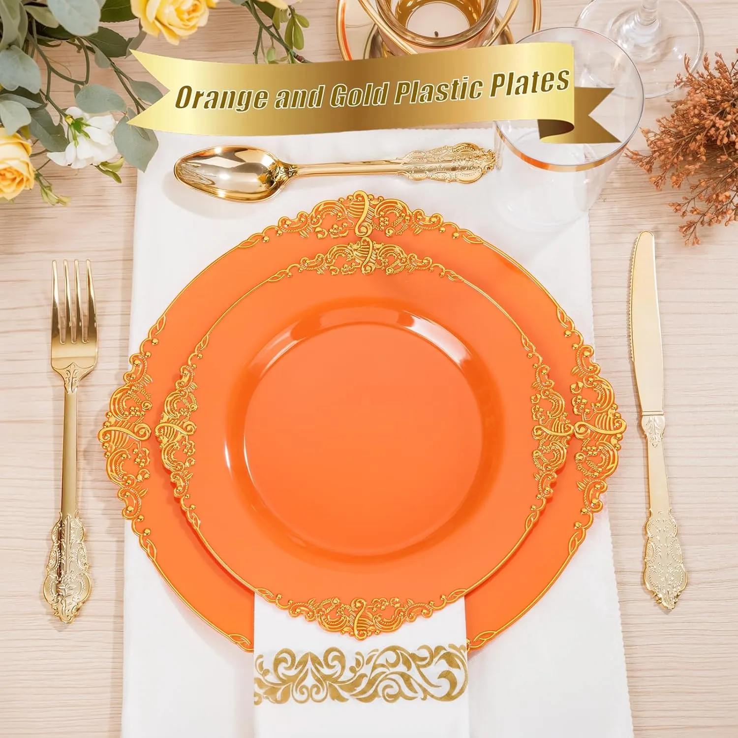 Nervure 175PCS Orange Plastic Plates - Orange and Gold Disposable Plates for 25 Guests Include 50Plates, 25Cups, 25Forks, 25Knives, 25Spoons, 25Napkins for Wedding & Party
