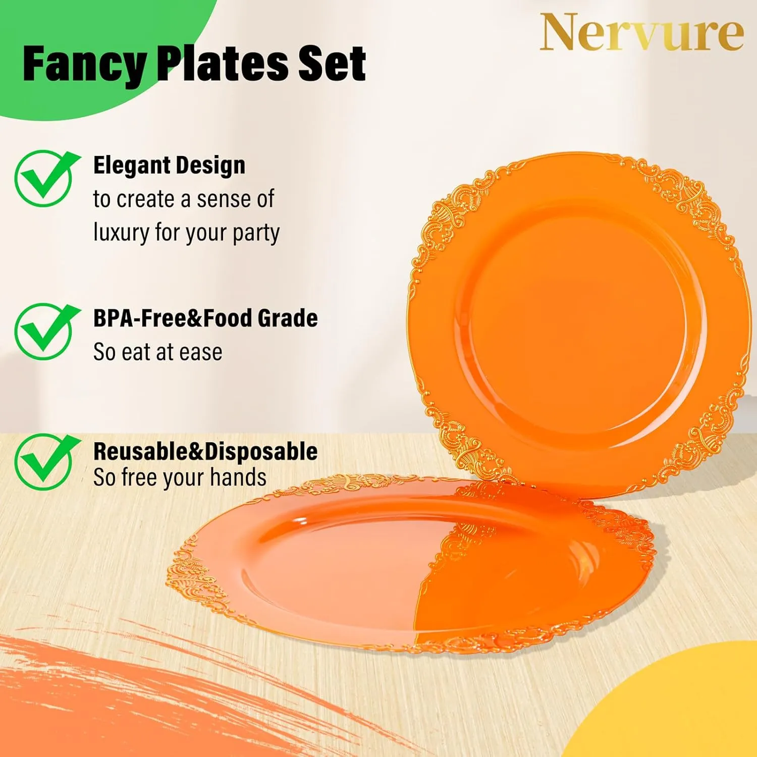 Nervure 175PCS Orange Plastic Plates - Orange and Gold Disposable Plates for 25 Guests Include 50Plates, 25Cups, 25Forks, 25Knives, 25Spoons, 25Napkins for Wedding & Party