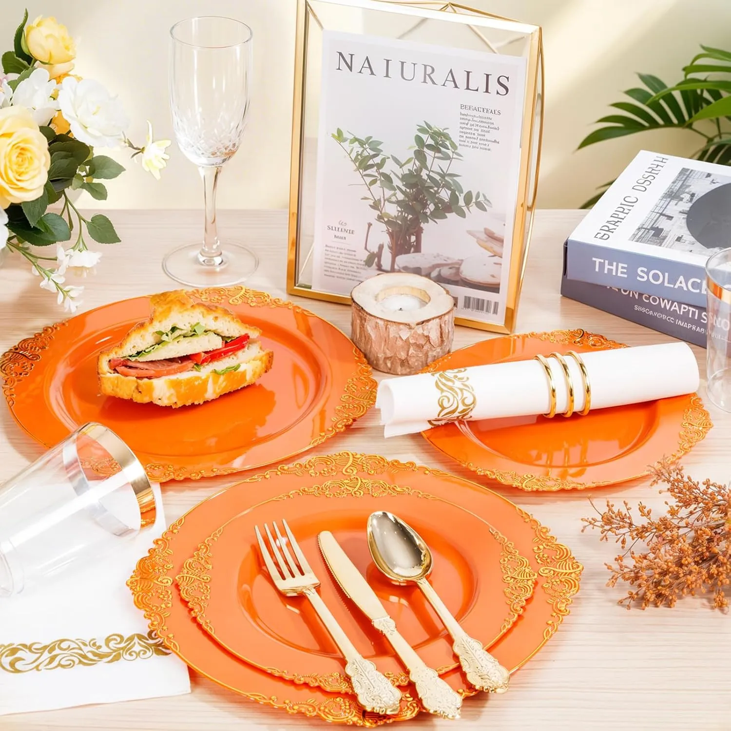 Nervure 175PCS Orange Plastic Plates - Orange and Gold Disposable Plates for 25 Guests Include 50Plates, 25Cups, 25Forks, 25Knives, 25Spoons, 25Napkins for Wedding & Party