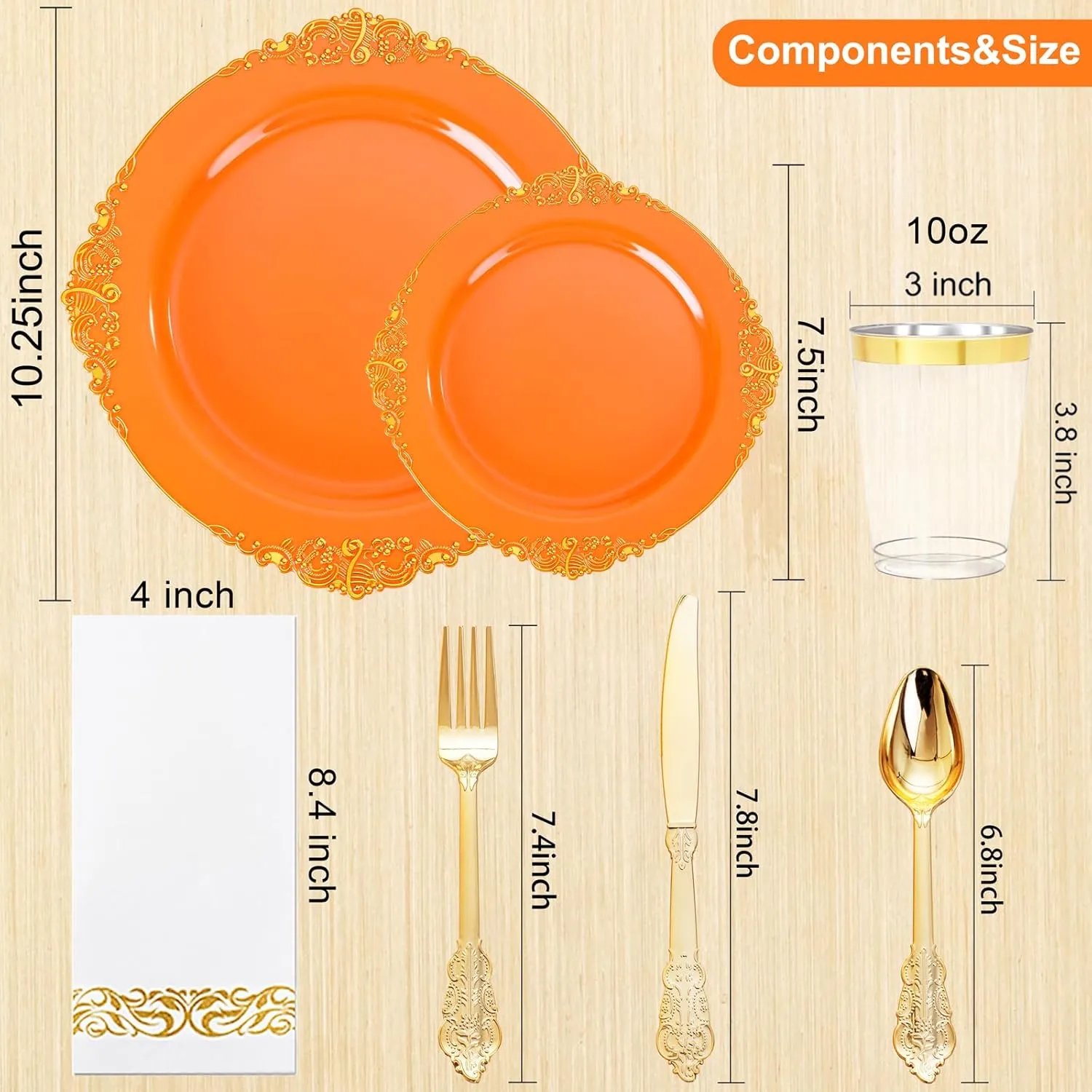 Nervure 175PCS Orange Plastic Plates - Orange and Gold Disposable Plates for 25 Guests Include 50Plates, 25Cups, 25Forks, 25Knives, 25Spoons, 25Napkins for Wedding & Party