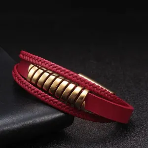 New 2026 Gift Fashion Red Genuine Leather Men Women Bracelets Trendy Stainless Steel Chain Link Cuff Charm Lucky Jewelry With For You Accessories Creative